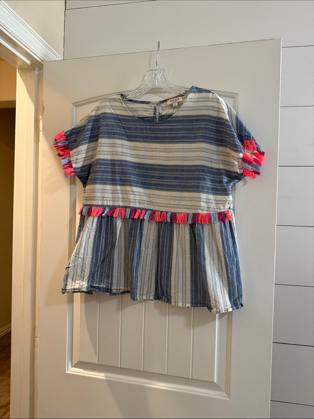 ANDREE BY UNIT Blue & White Striped Tassel Peplum Blouse with Pink Trim